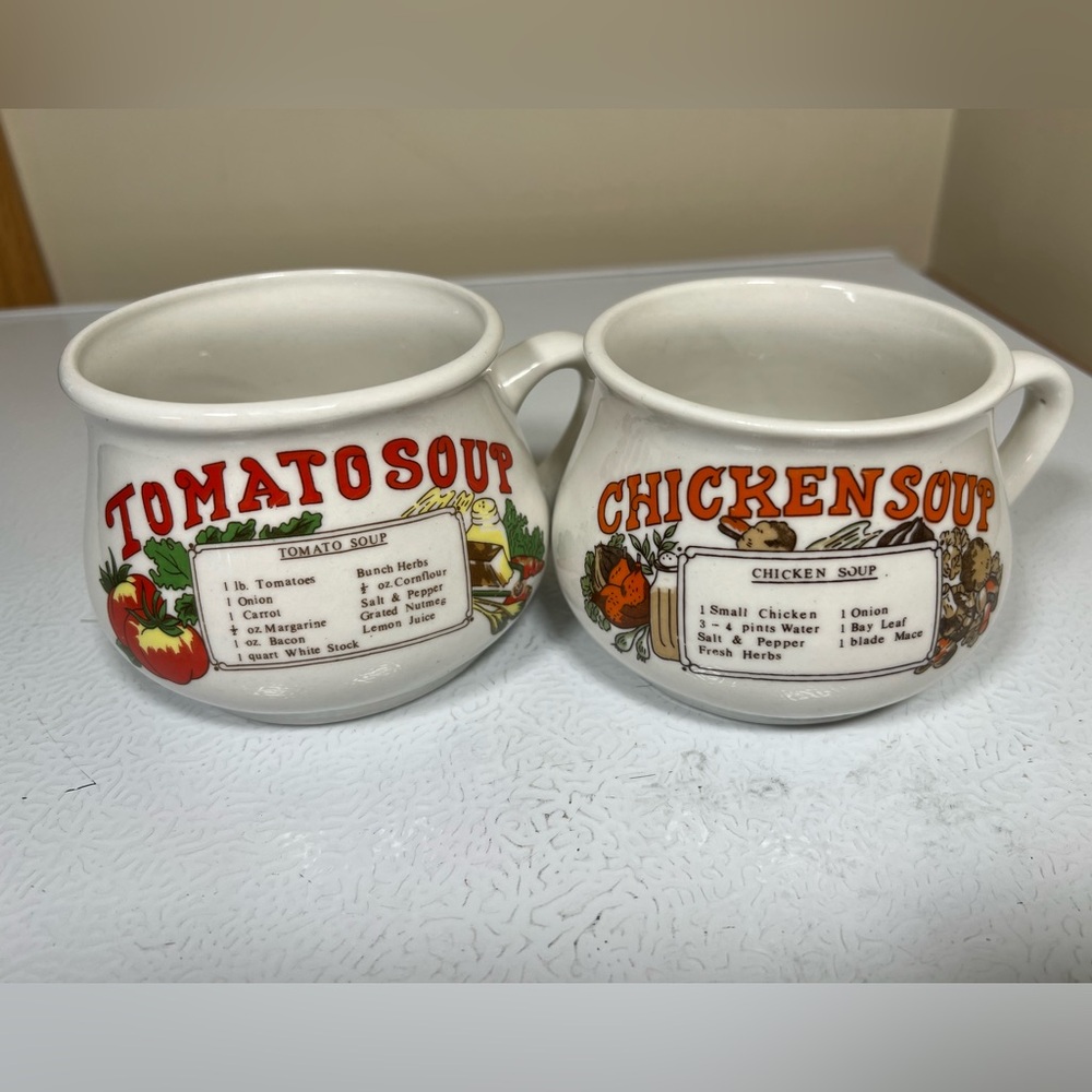 Vintage Ceramic Soup Mugs with Recipes, Set of 2, Chicken and Tomato Soup.